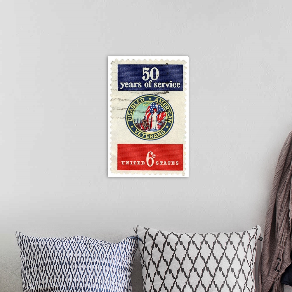 A bohemian room featuring American Disabled Veterans commemorative postage stamp