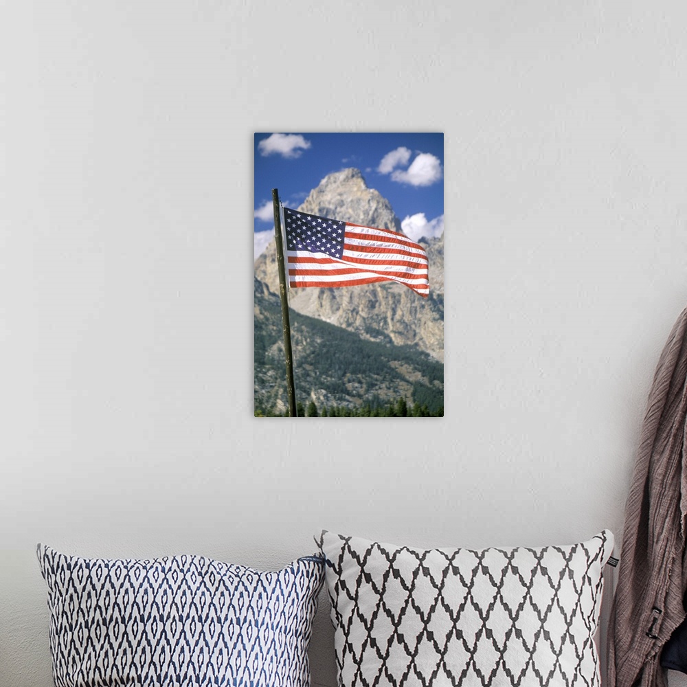A bohemian room featuring 'American Flag with Mountains, Grand Teton National Park, Wyoming'