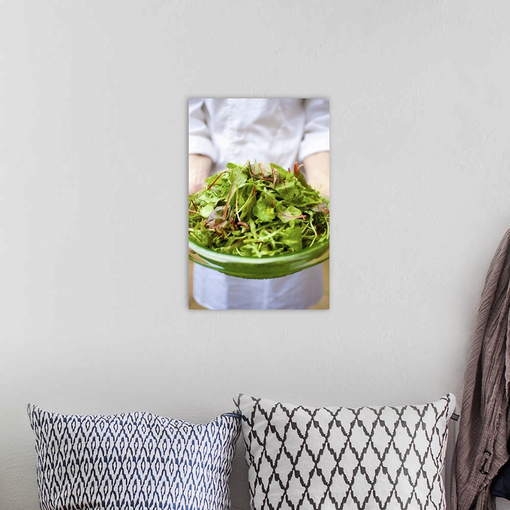 A bohemian room featuring CHEF HOLDING PLATE OF VERDANT GREEN SALAD