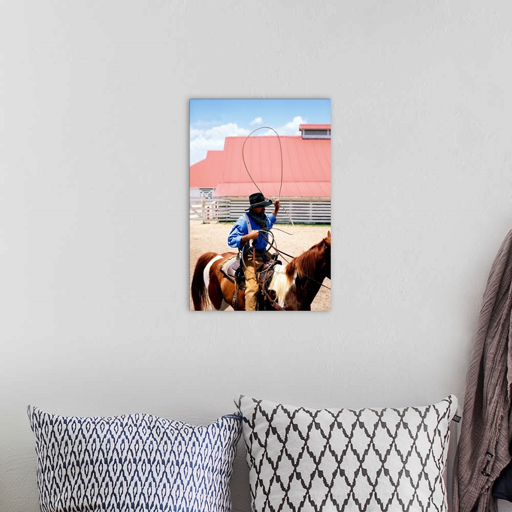 A bohemian room featuring Cowboy on horseback with lasso, George Ranch, Texas