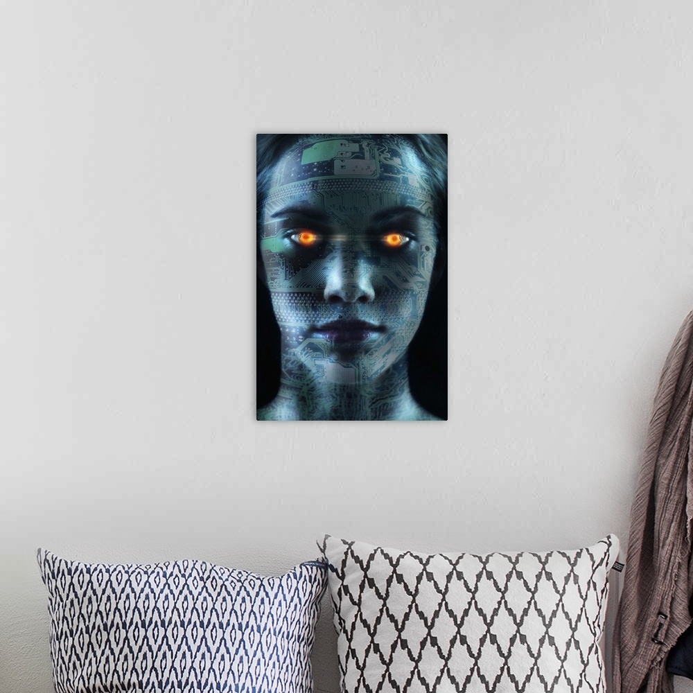 A bohemian room featuring Headshot of robotic woman