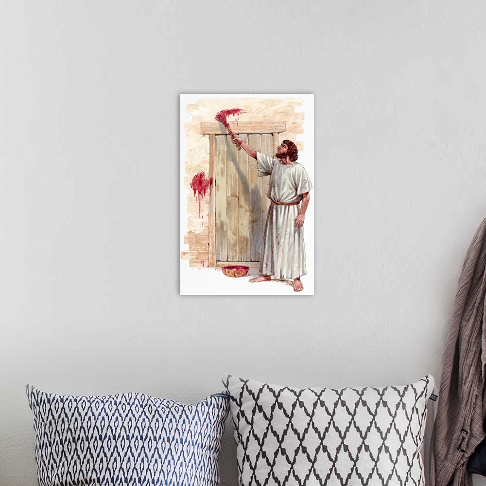 A bohemian room featuring Illustration of Israelite man painting blood of passover lamb on wooden door post