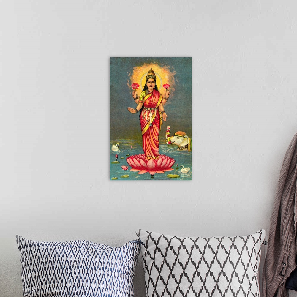 A bohemian room featuring Illustration of Lakshmi (also known as Sri), Hindu goddess of good fortune and wealth.