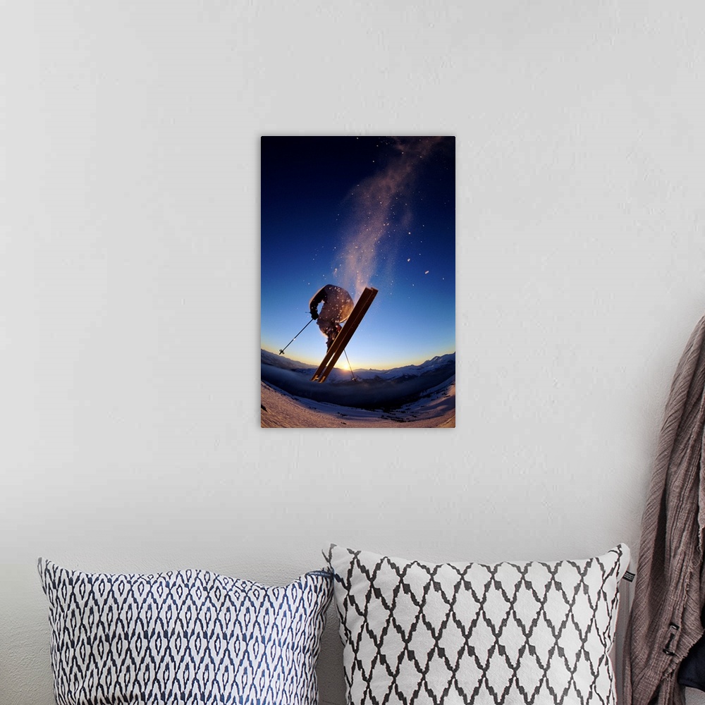 A bohemian room featuring Skier in mid air, sunset