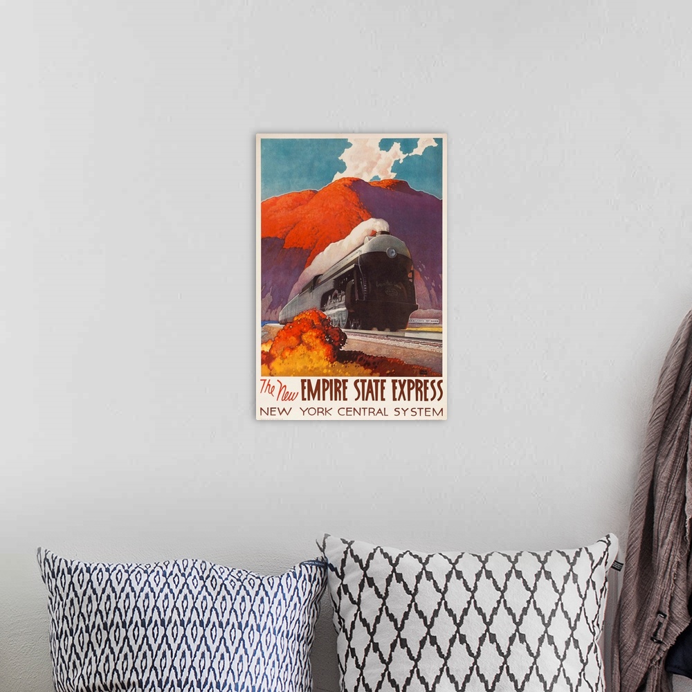 A bohemian room featuring Travel poster for the New York Central System Rail showing a steaming locomotive engine pulling a...