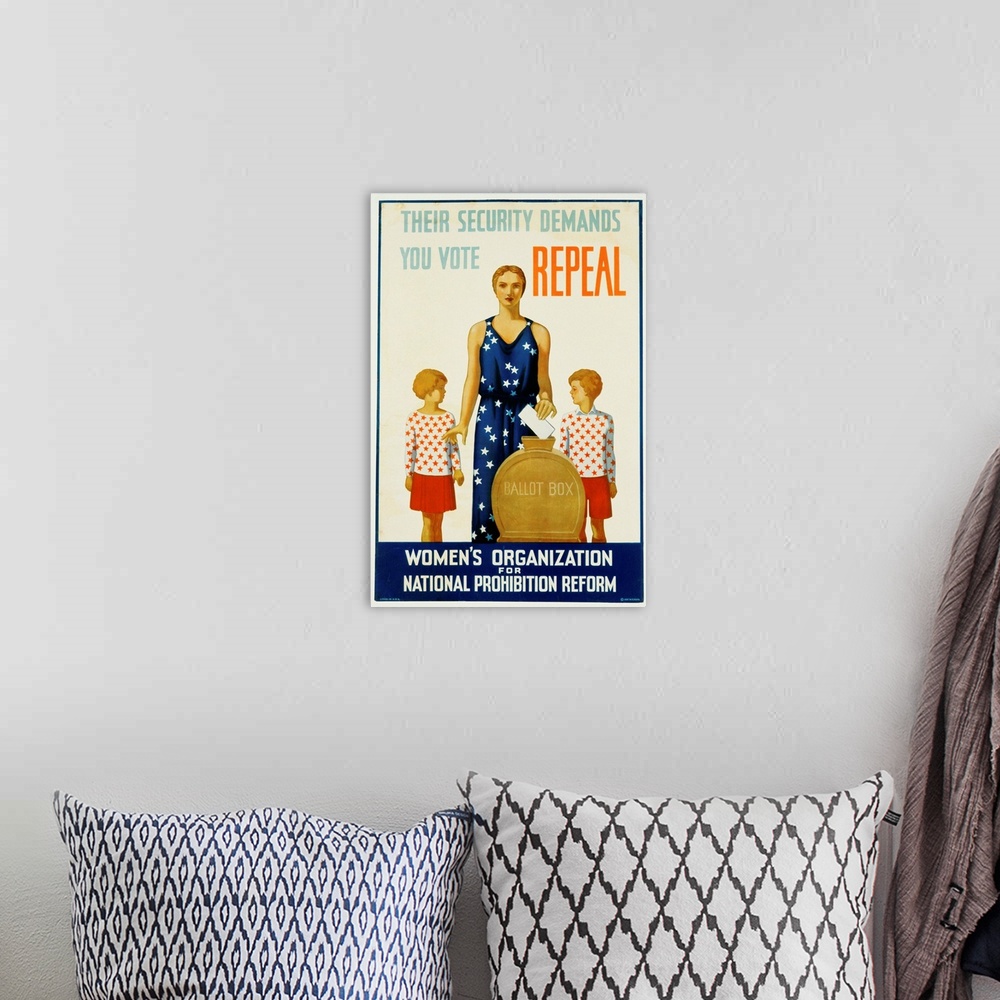 A bohemian room featuring Their Security Demands You Vote Repeal National Prohibition Reform Poster