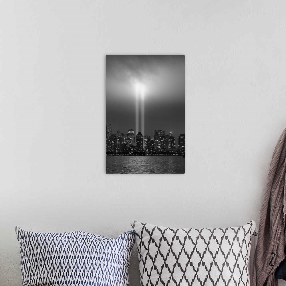 A bohemian room featuring USA, New York City, Manhattan skyline with 9/11 memorial lights