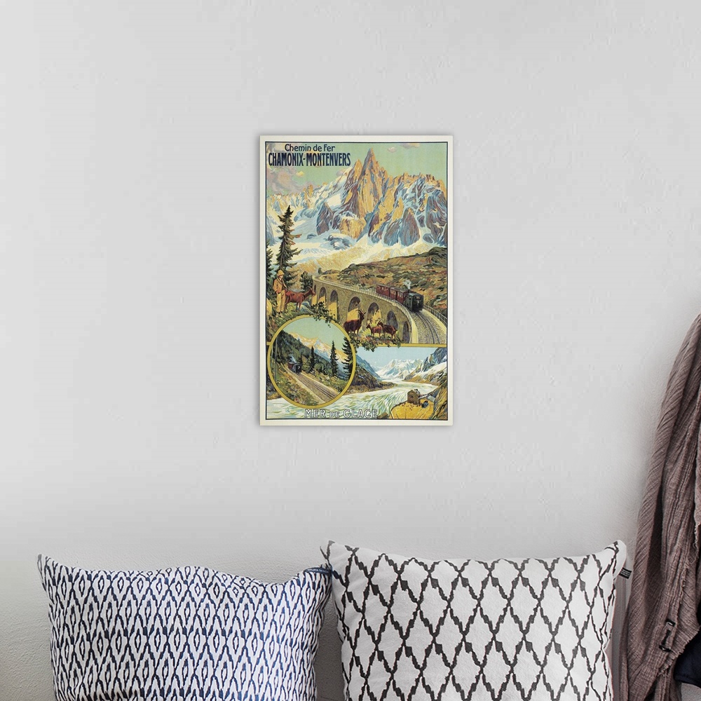 A bohemian room featuring Vintage Travel Poster for Chamonix, France