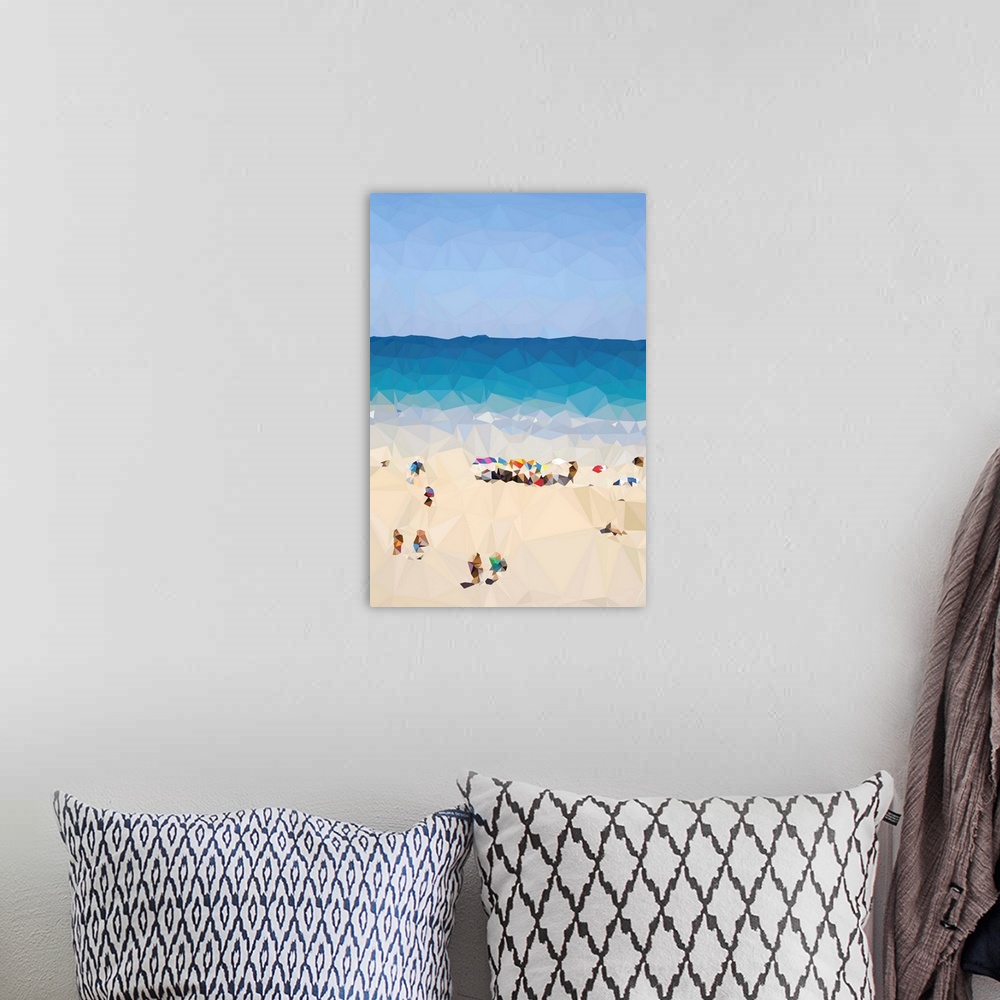 A bohemian room featuring Geometric landscape of a crowded beach.
