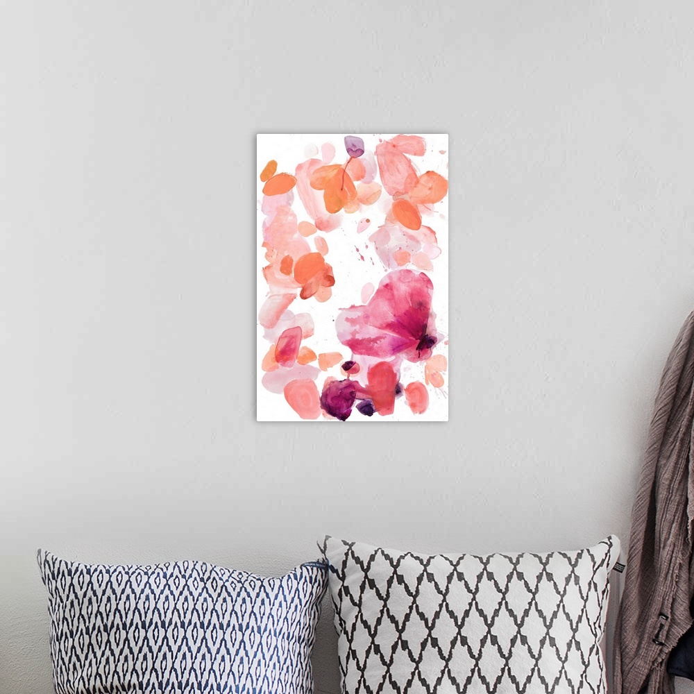 A bohemian room featuring A contemporary watercolor abstract painting using vibrant shades of pink.