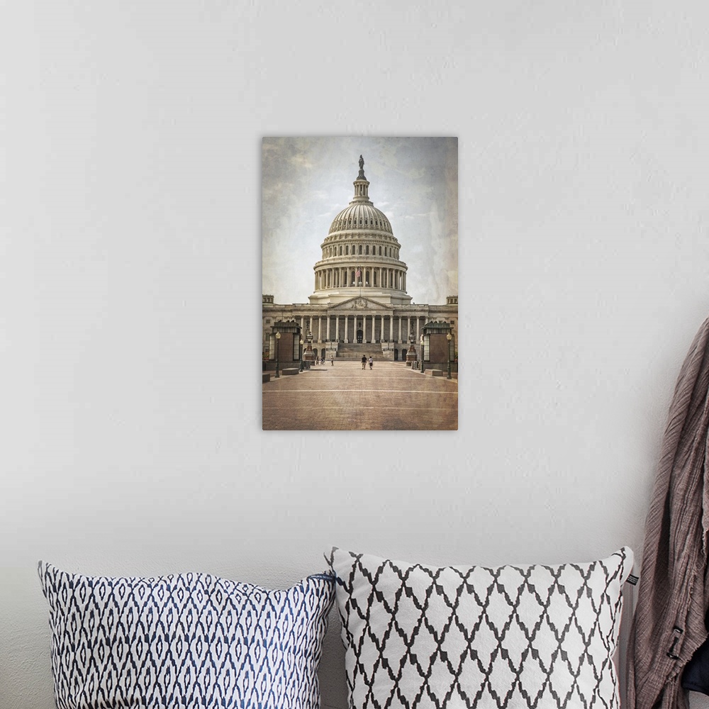 A bohemian room featuring A photograph of the capitol building in Washington DC.