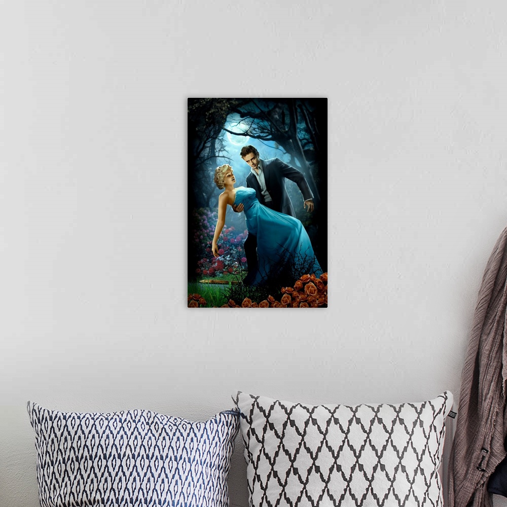 A bohemian room featuring Digital art painting of Marilyn and James Dean in a twilight embrace by JJ Brando.