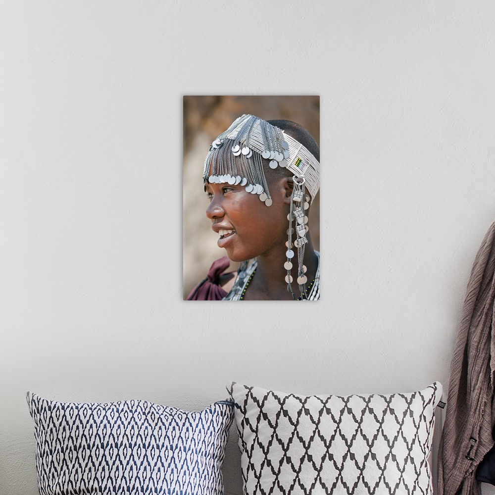 A bohemian room featuring A Maasai girl from the Kisongo clan wearing an attractive beaded headband.