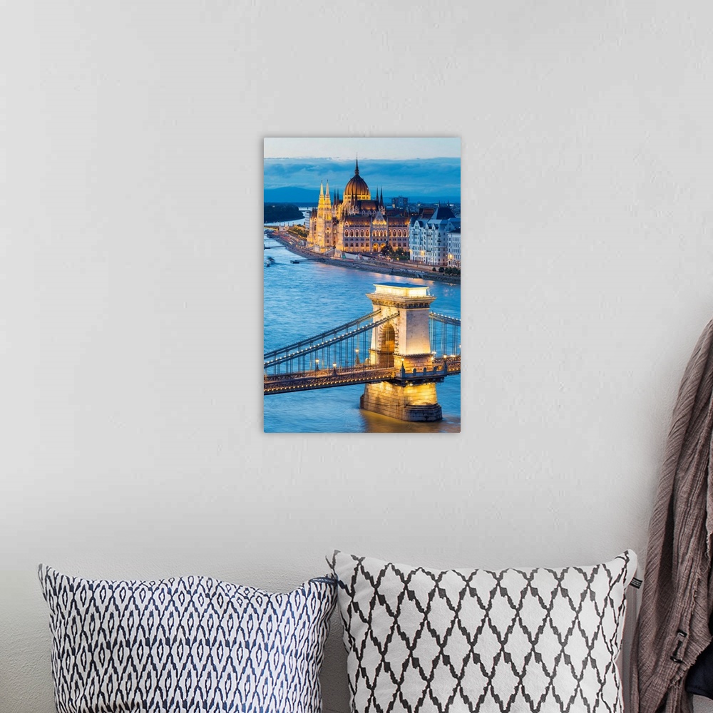 A bohemian room featuring Hungary, Central Hungary, Budapest. Chain Bridge and the Hungarian Parliament Building on the Dan...