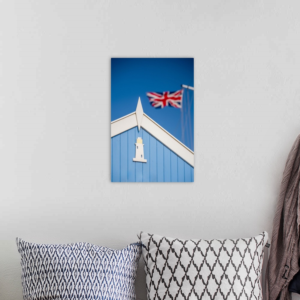 A bohemian room featuring UK, England, Suffolk, Southwold, Promenade, Beach Hut and Union Flag.