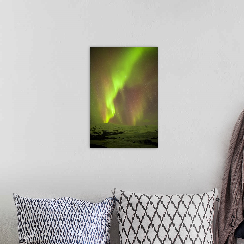 A bohemian room featuring Iceland, Fjallsarlon. The Northern Lights appearing in the sky at Fjallsarlon, a glacier lake at ...