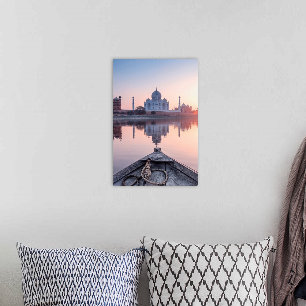 A bohemian room featuring India, View Of The Taj Mahal Reflecting In The Yamuna River At Sunset From A Wooden Boat
