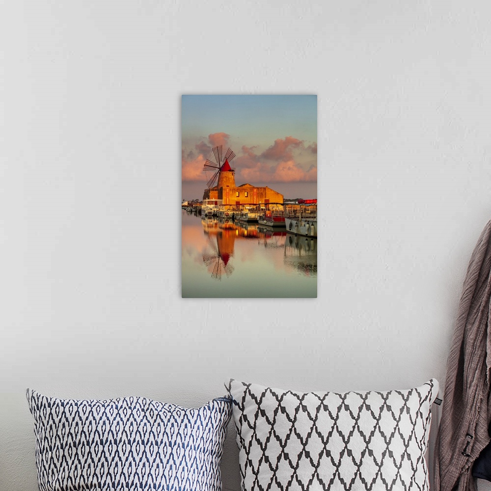 A bohemian room featuring Marsala, Sicily. Windmills reflecting at sunrise in the saltern be,\tween Marsala and Trapani.