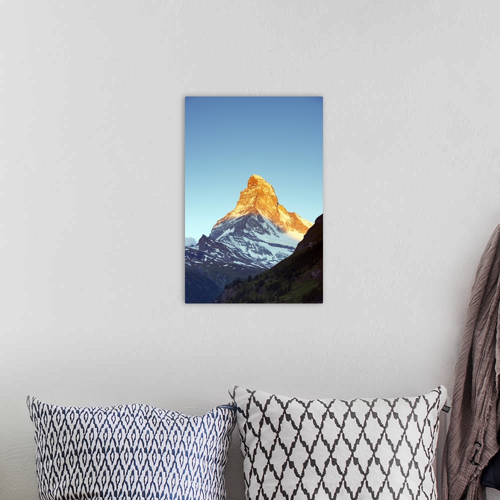 A bohemian room featuring Europe, Valais, Swiss Alps, Switzerland, Zermatt, sunrise on The Matterhorn (4478m).