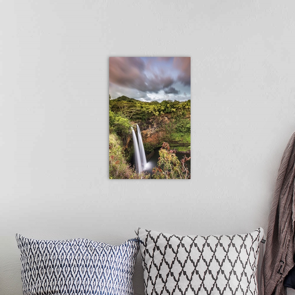 A bohemian room featuring Wailua waterfalls at sunset seen from the lookout, Hawaii, USA.