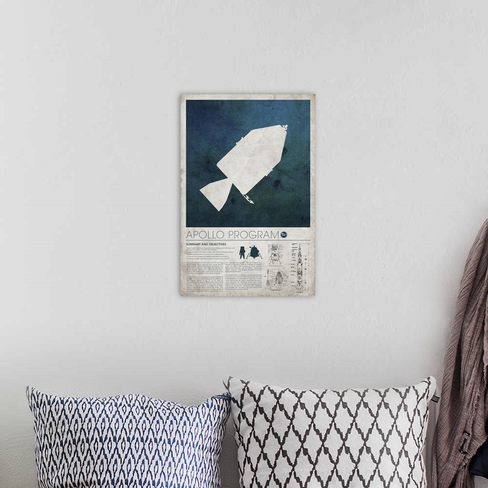 A bohemian room featuring A large vertical poster of the Apollo Program with an article on the bottom part and an illustrat...