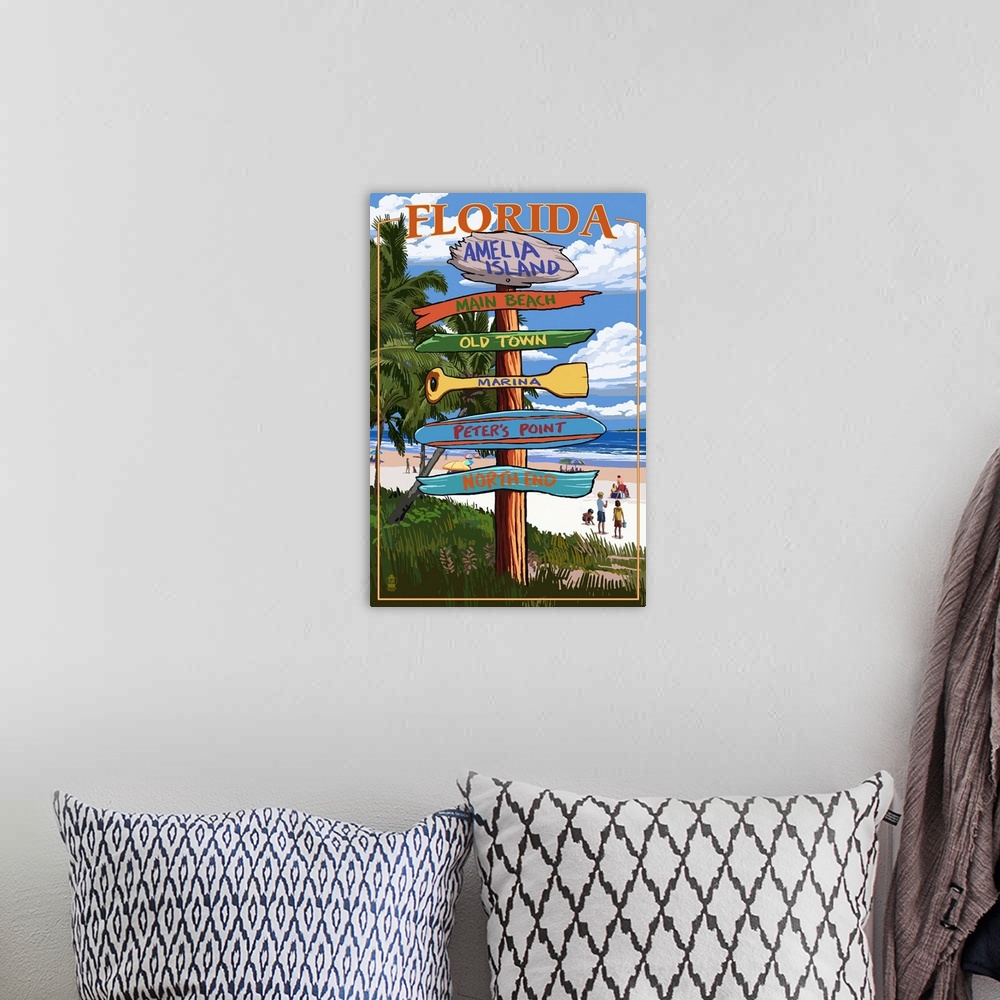 A bohemian room featuring Amelia Island, Florida - Destinations Signpost: Retro Travel Poster