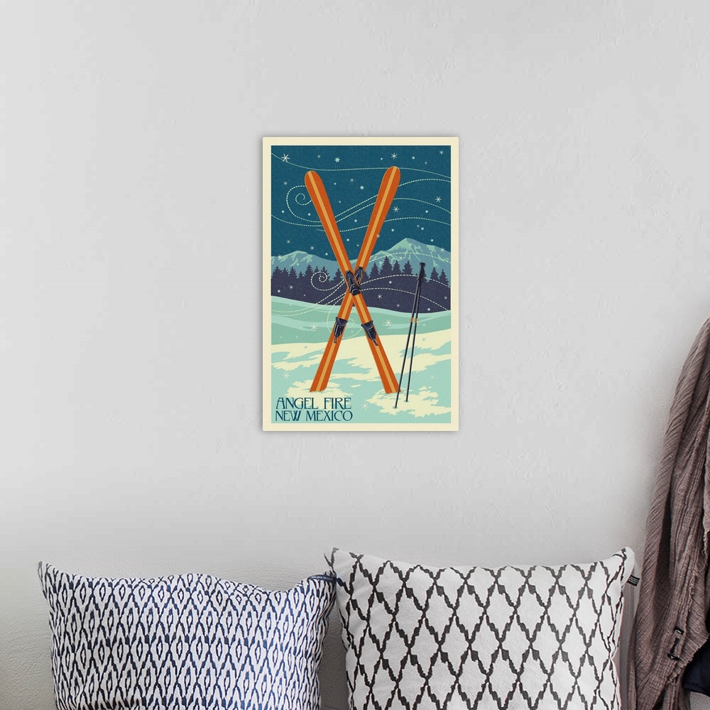 A bohemian room featuring Angel Fire, New Mexico - Crossed Skis - Letterpress: Retro Travel Poster