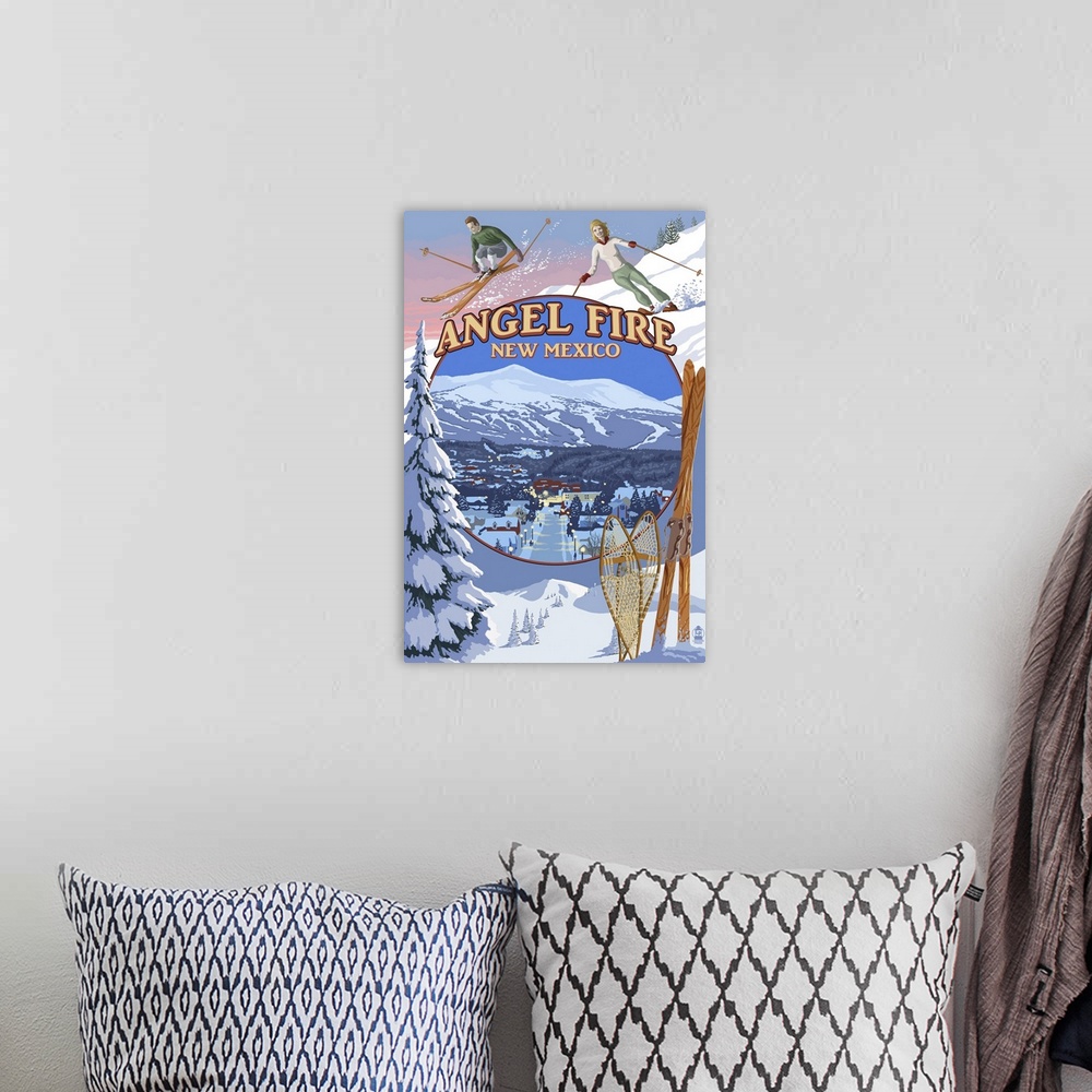 A bohemian room featuring Retro stylized art poster of a collage of winter sports gear and skiers with a mountain village i...