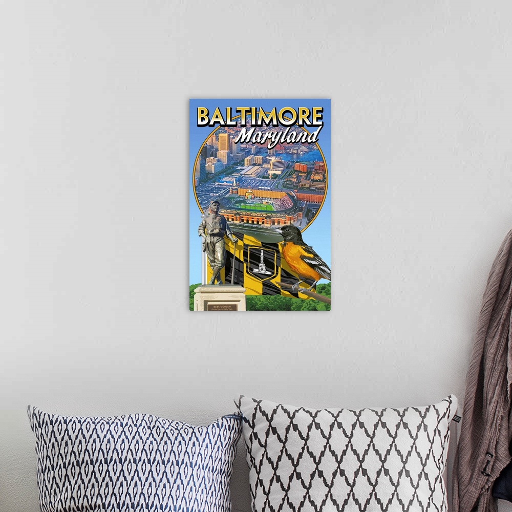 A bohemian room featuring Baltimore, Maryland - Baseball Montage: Retro Travel Poster