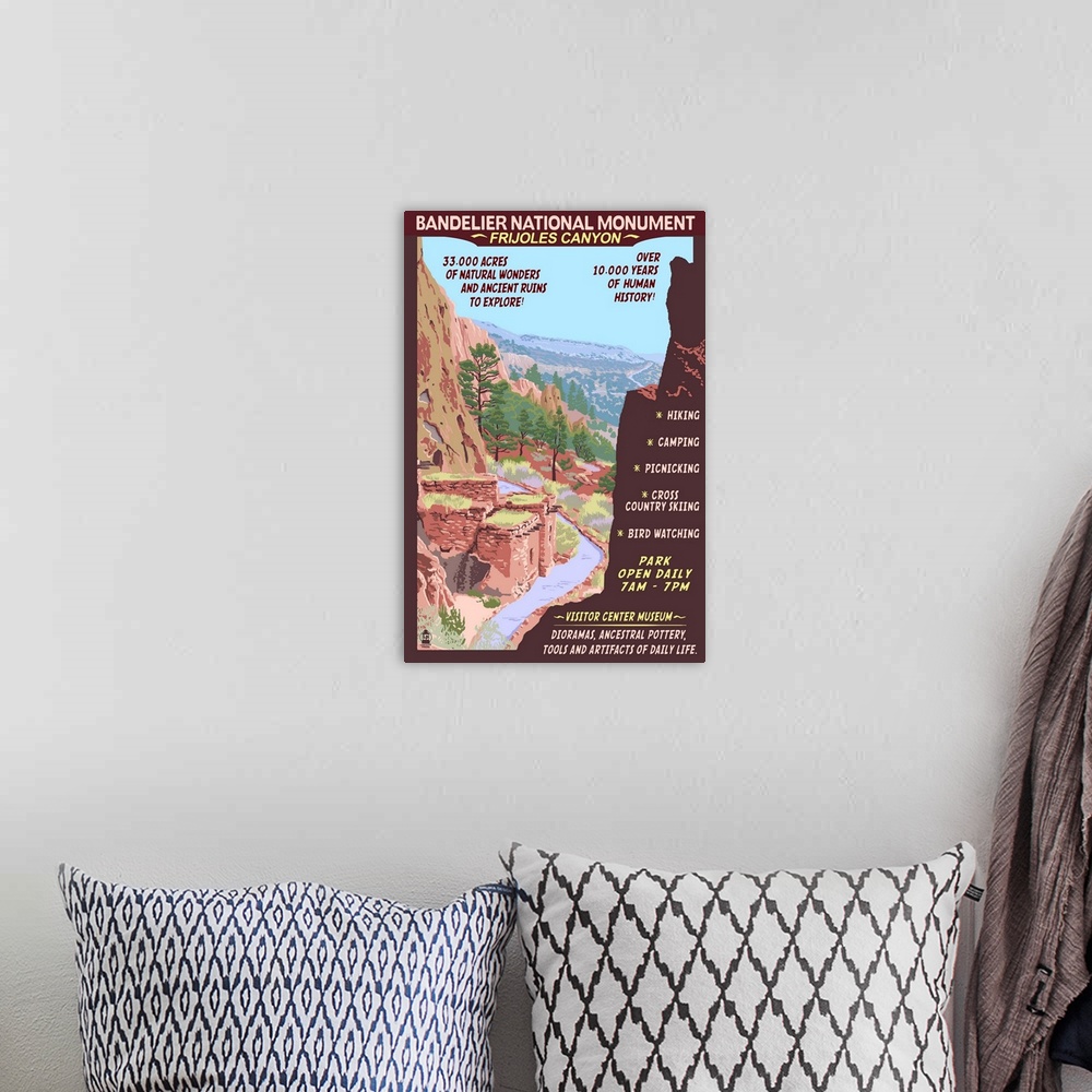 A bohemian room featuring Bandelier National Monument, New Mexico - Day Scene: Retro Travel Poster