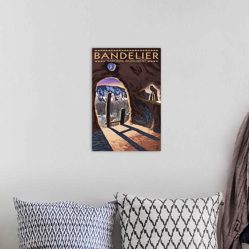 A bohemian room featuring Bandelier National Monument, New Mexico - Twilight View: Retro Travel Poster
