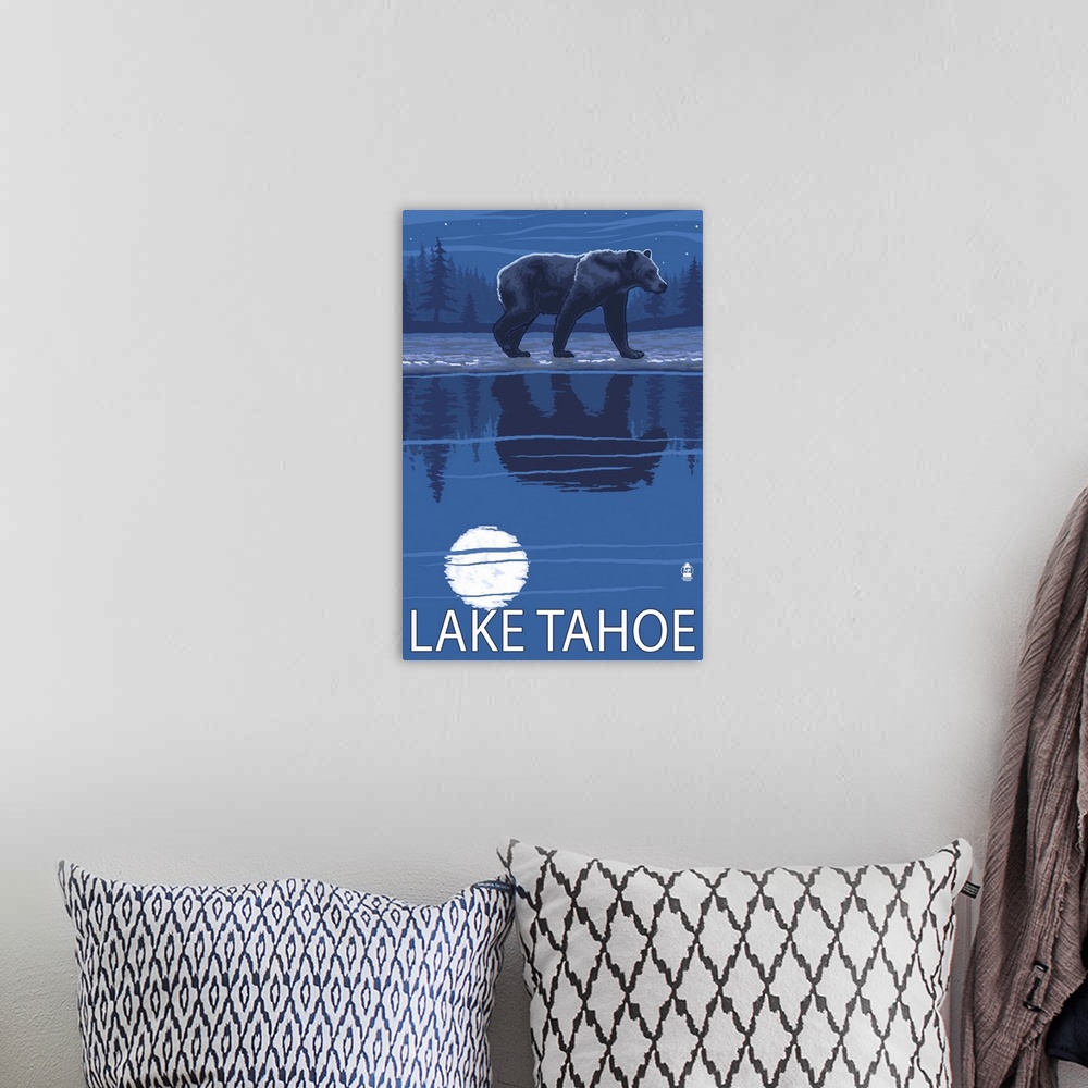 A bohemian room featuring Bear at Night - Lake Tahoe, California: Retro Travel Poster