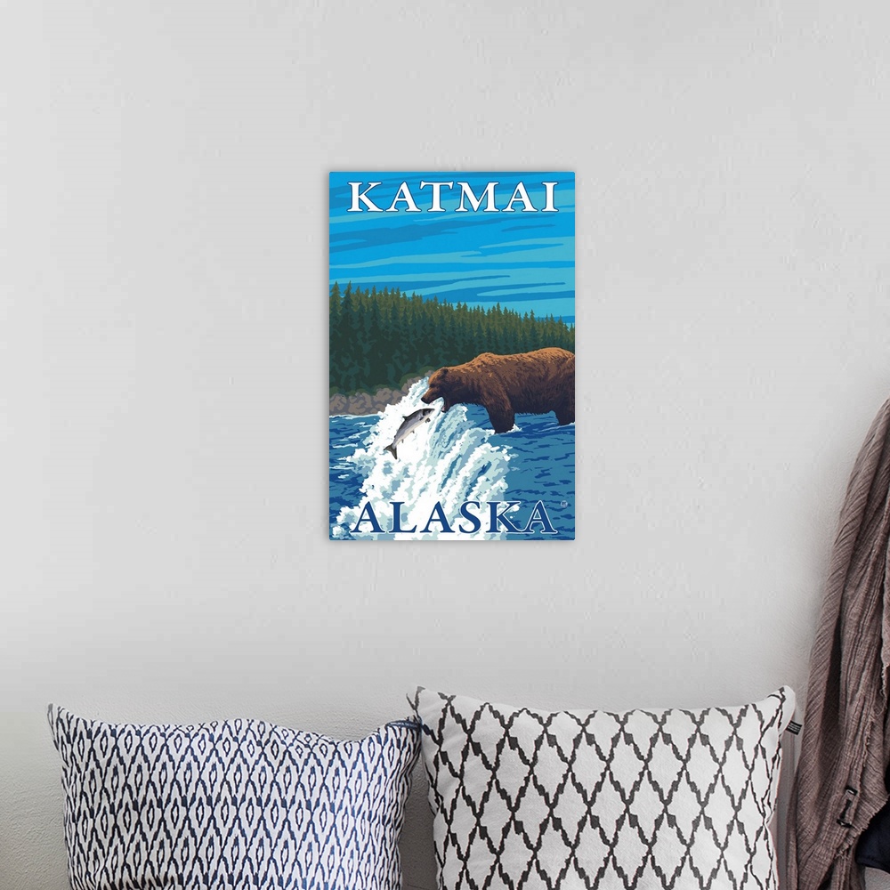A bohemian room featuring Bear Fishing in River - Katmai, Alaska: Retro Travel Poster