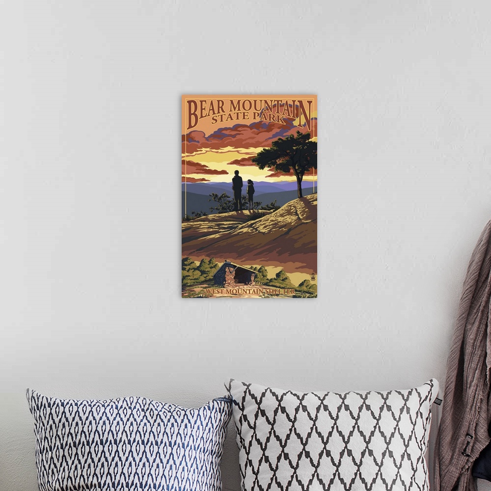 A bohemian room featuring Bear Mountain State Park, New York - West Mountain Shelter: Retro Travel Poster