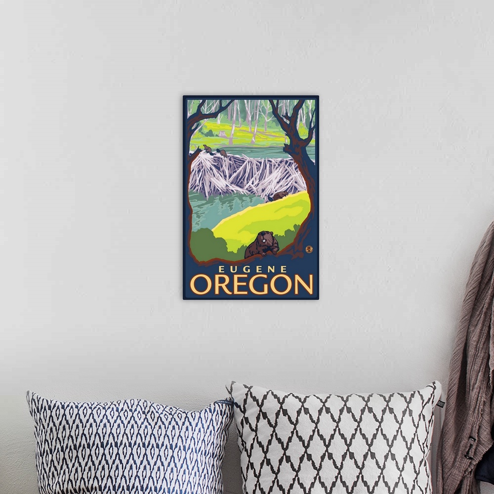 A bohemian room featuring Beaver Family - Eugene, Oregon: Retro Travel Poster