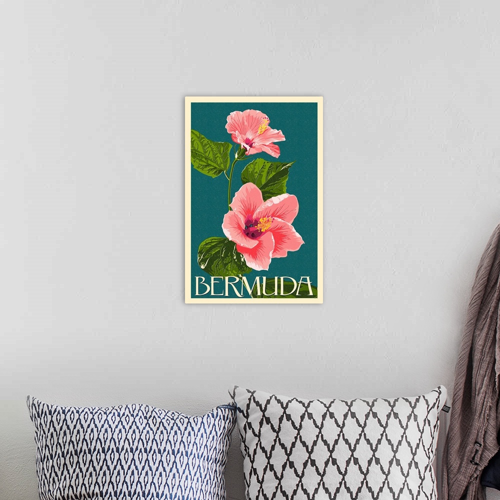 A bohemian room featuring Bermuda - Pink Hibiscus: Retro Travel Poster