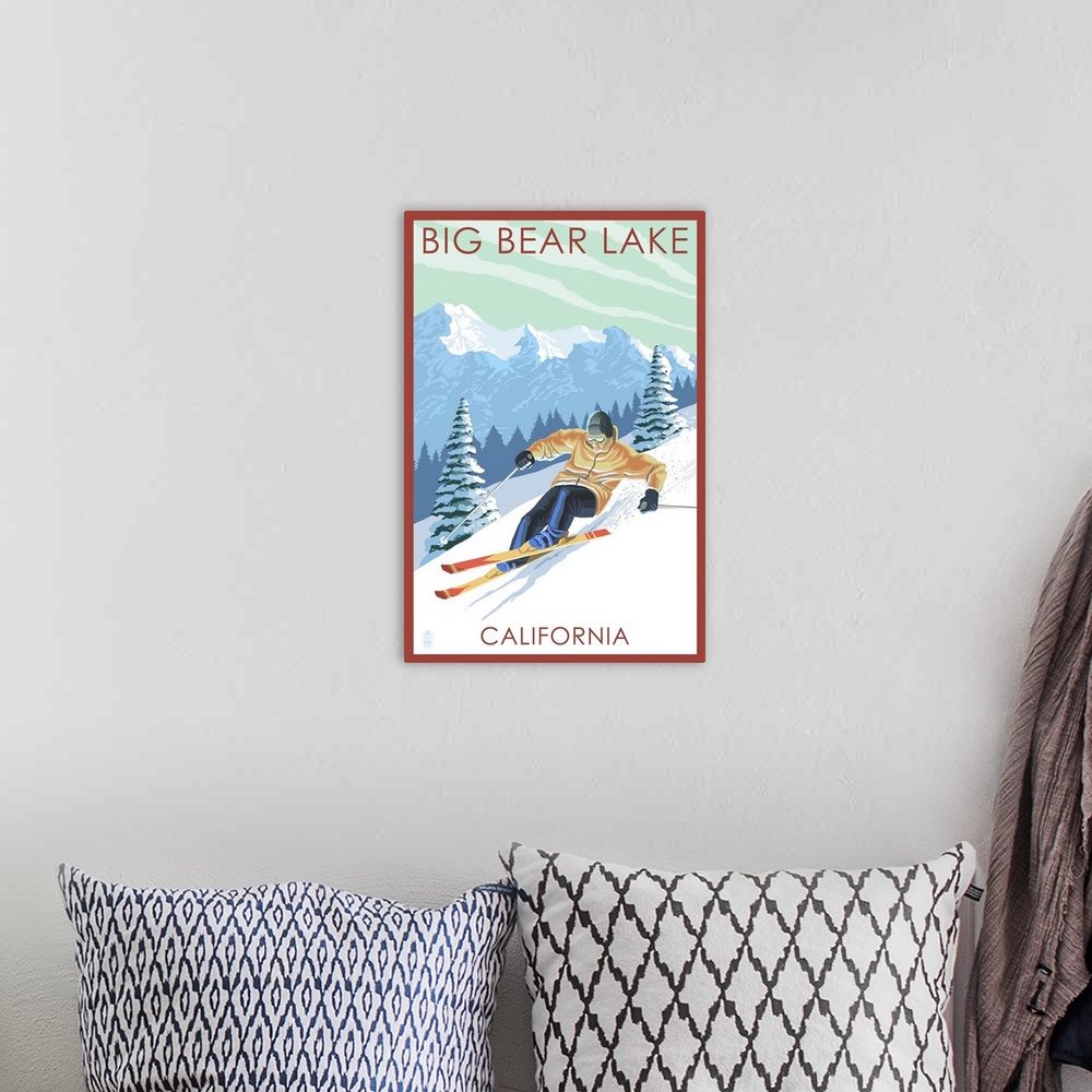 A bohemian room featuring Big Bear Lake - California - Downhill Skier: Retro Travel Poster