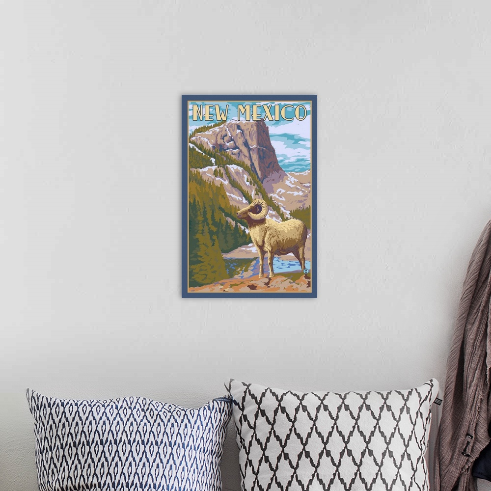 A bohemian room featuring Retro stylized art poster of a full curl ram standing in a mountainous valley.