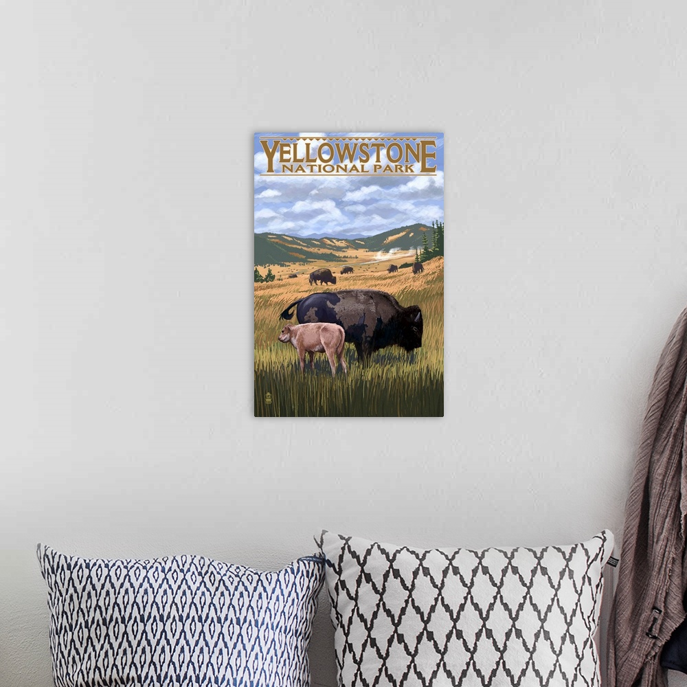 A bohemian room featuring Bison and Calf Grazing, Yellowstone National Park