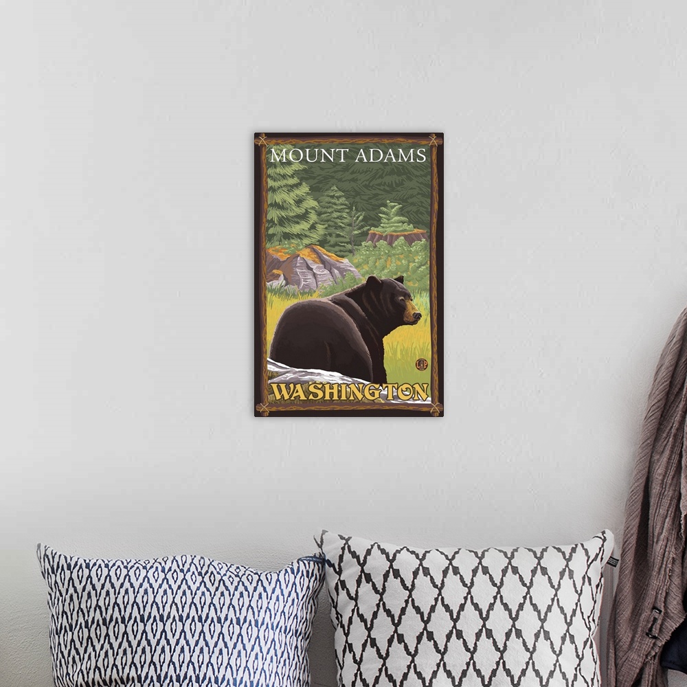 A bohemian room featuring Black Bear in Forest - Mount Adams, Washington: Retro Travel Poster