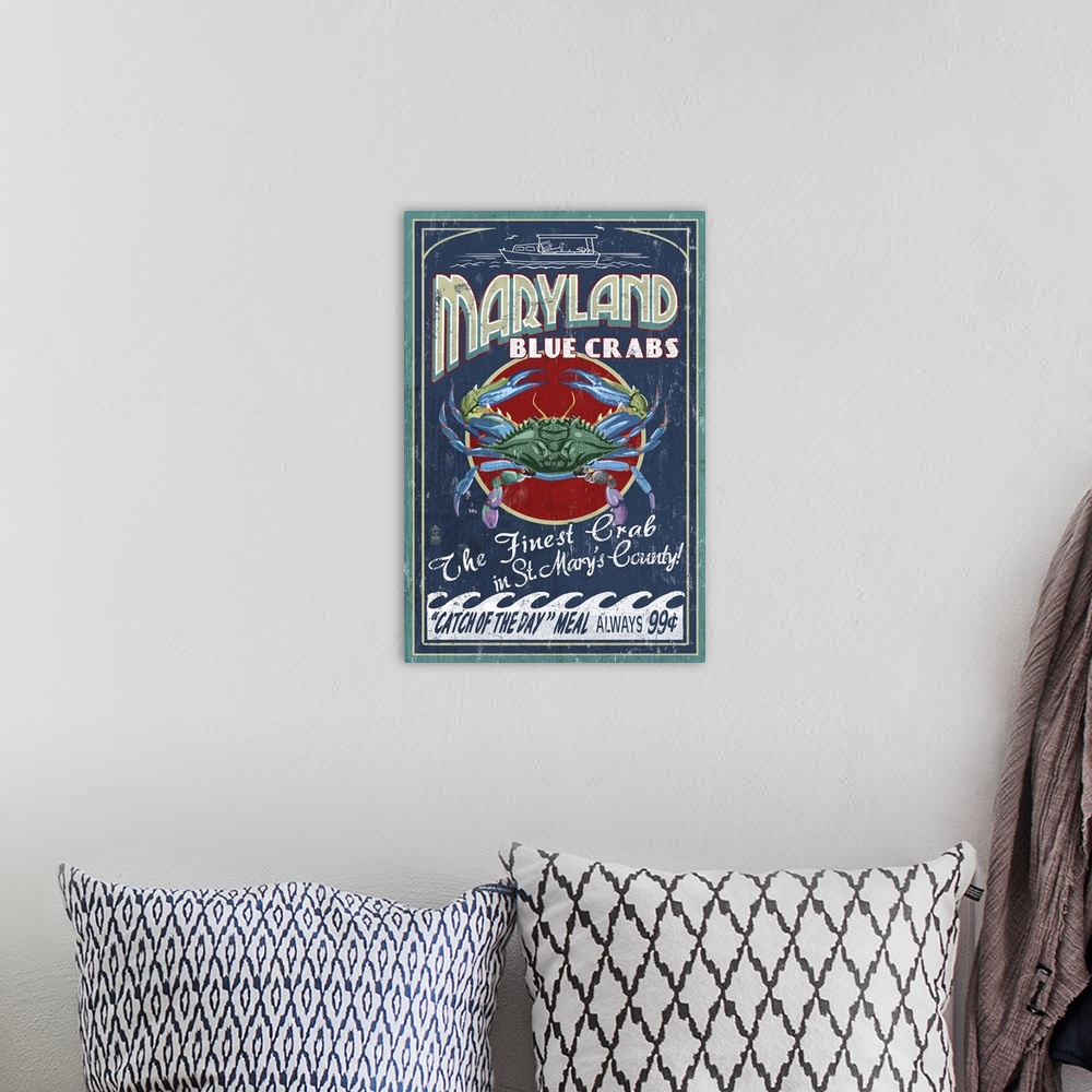 A bohemian room featuring Blue Crabs Vintage Sign - St Mary's County, Maryland: Retro Travel Poster