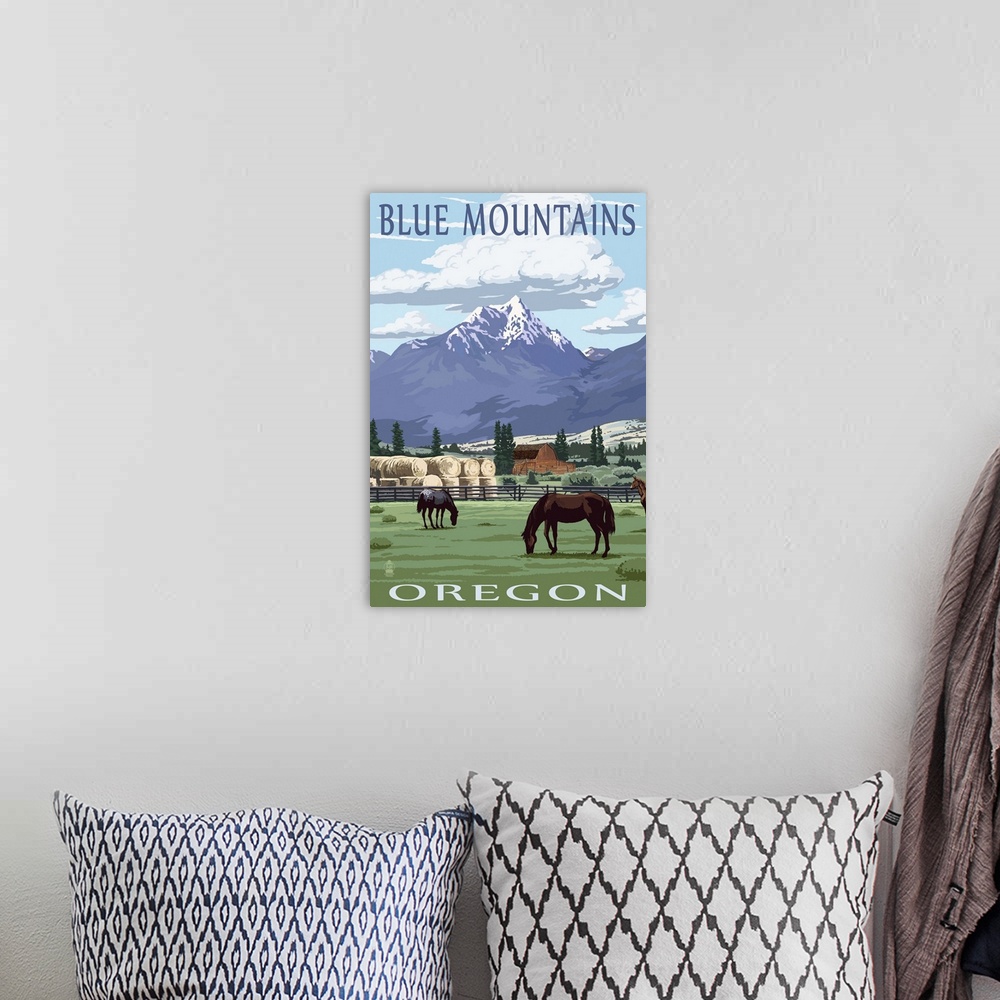 A bohemian room featuring Blue Mountains Scene - Oregon: Retro Travel Poster