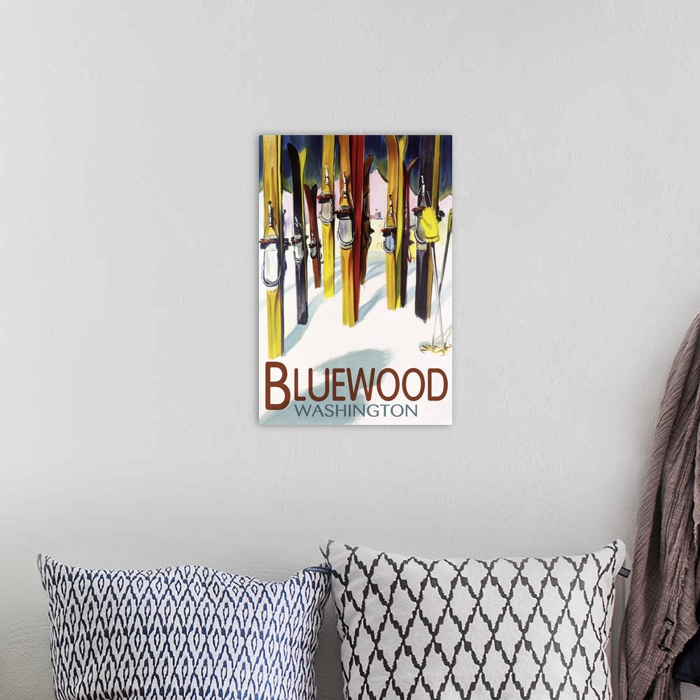 A bohemian room featuring Bluewood, Washington - Colorful Skis: Retro Travel Poster