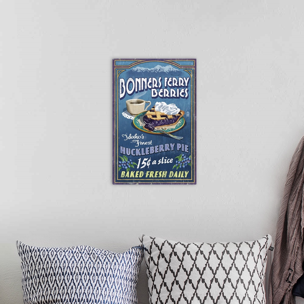A bohemian room featuring Bonners Ferry, Idaho - Huckleberry Pie Vintage Sign: Retro Travel Poster