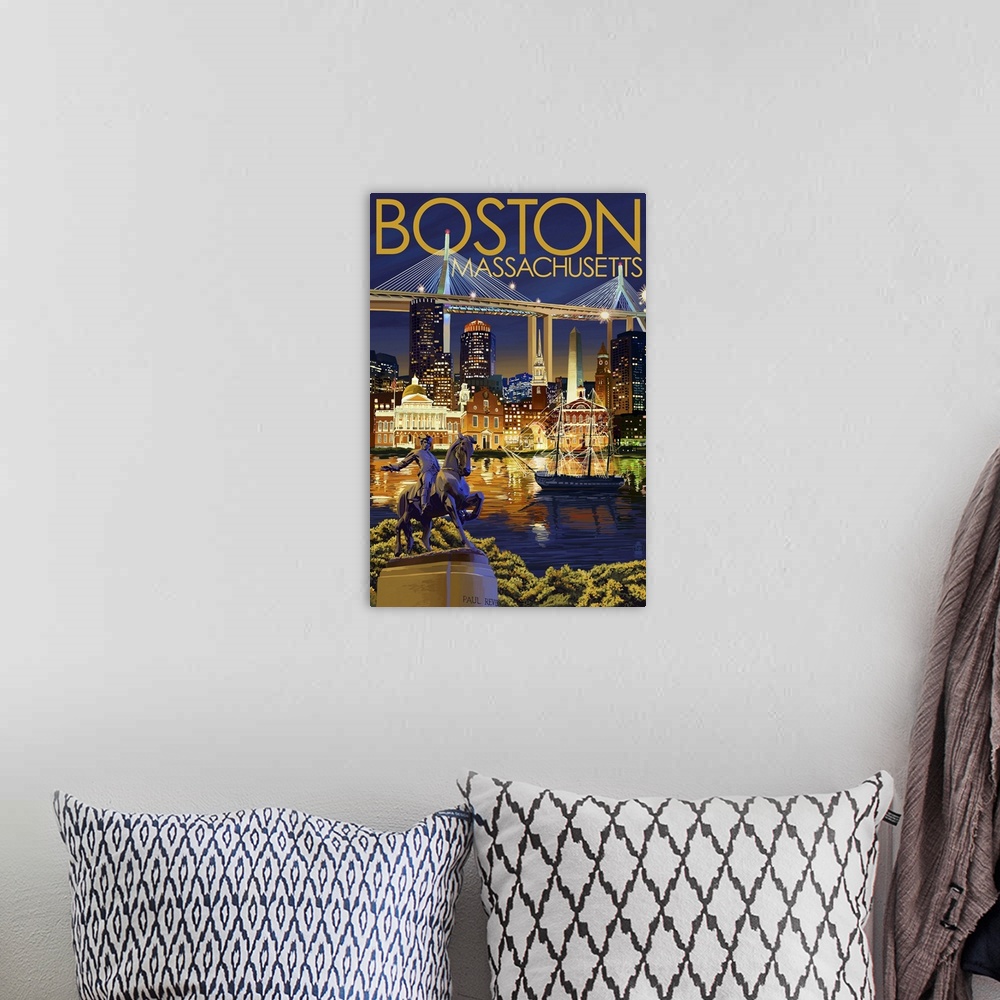 A bohemian room featuring Boston, Massachusetts - Skyline at Night: Retro Travel Poster
