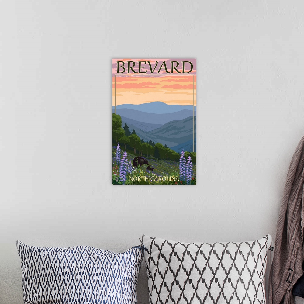 A bohemian room featuring Brevard, North Carolina - Spring Flowers and Bear Family: Retro Travel Poster