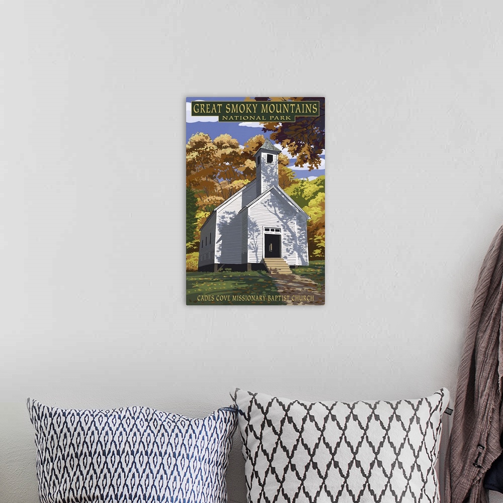 A bohemian room featuring Cades Cove Baptist Church - Great Smoky Mountains National Park, TN: Retro Travel Poster