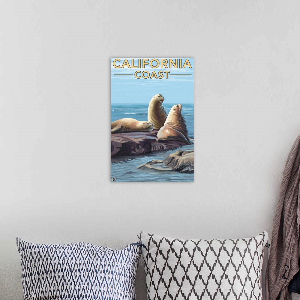 A bohemian room featuring California Coast - Sea Lions: Retro Travel Poster