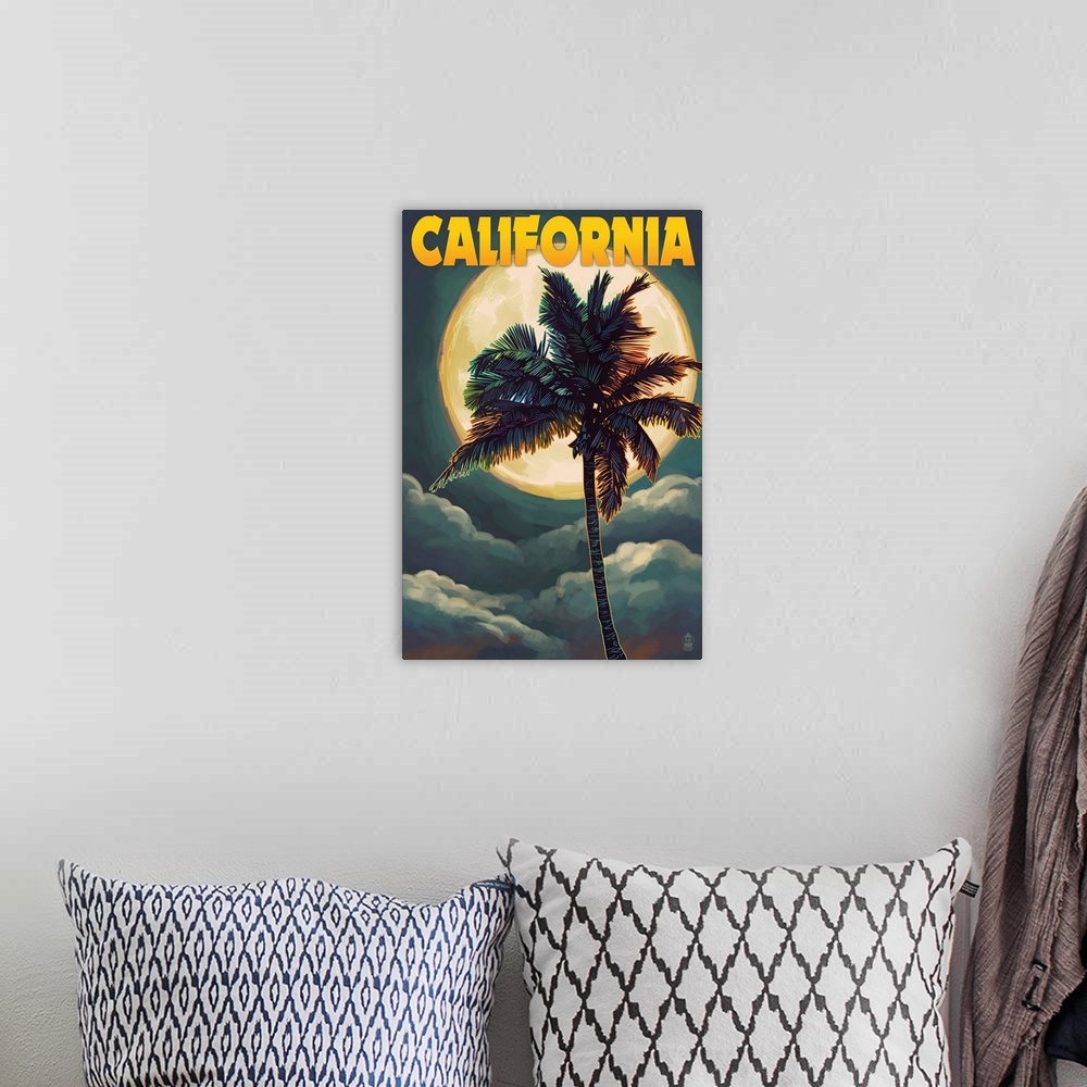 A bohemian room featuring California - Palms and Moon: Retro Travel Poster
