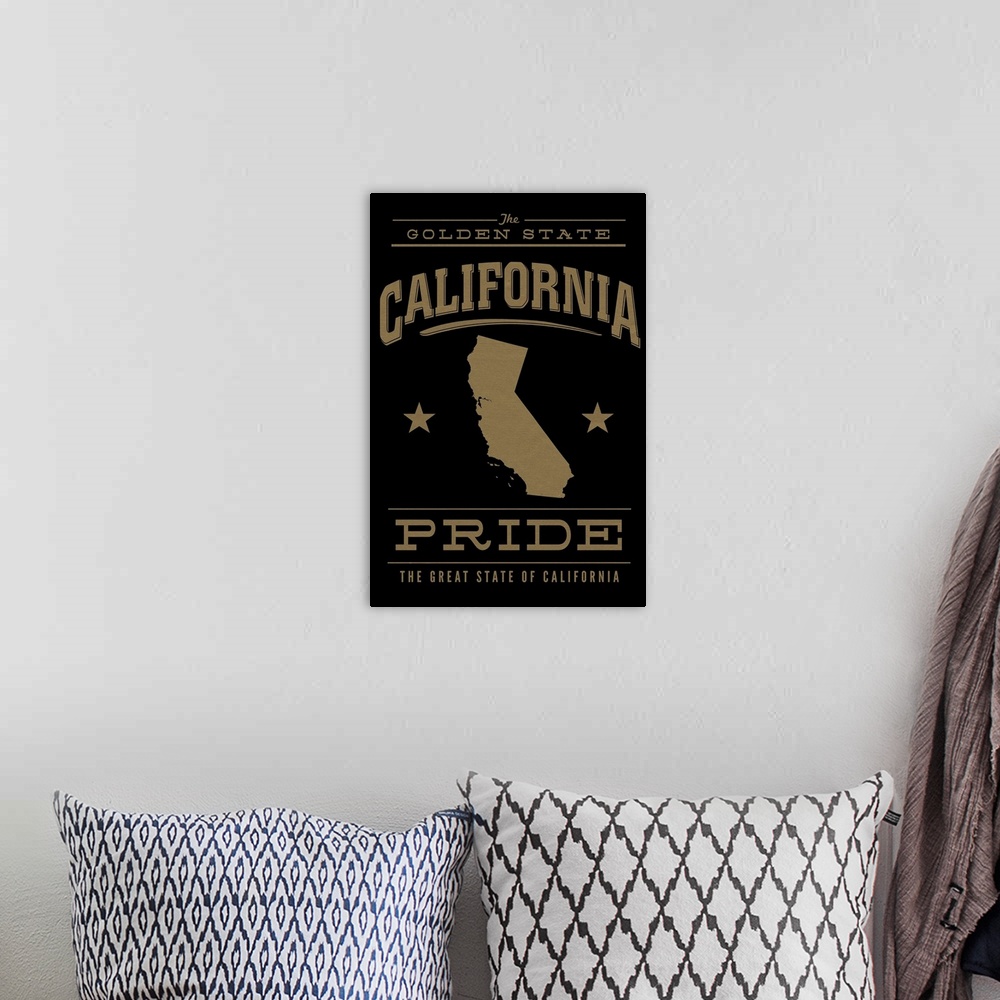 A bohemian room featuring The California state outline on black with gold text.